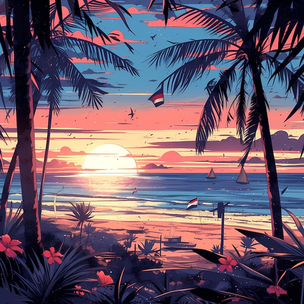 Ilustração do pôr-do-sol de uma praia tranquila