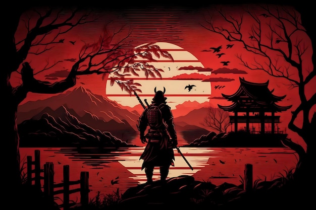 Foto ilustração do pôr do sol do relógio do samurai japonês com montanha e um fundo do lago arte artística vermelha branca e preta boa para capa de caneca de lona de pôster de camiseta e outros