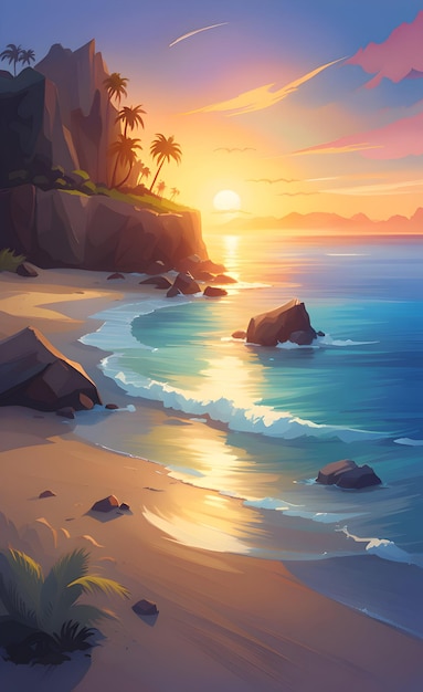 Ilustração do pôr do sol na praia