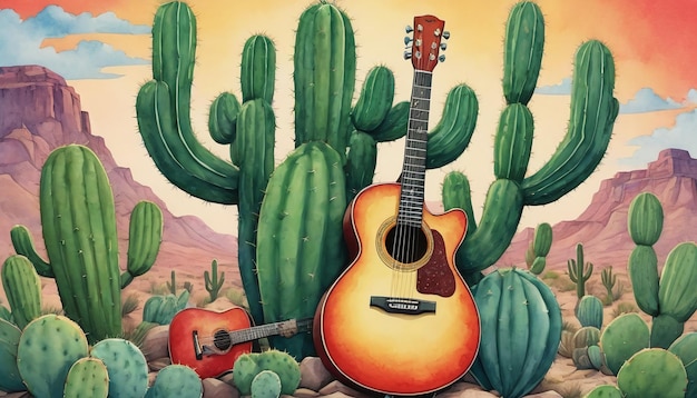 Ilustração do projeto Cinco De Mayo com guitarra de cacto