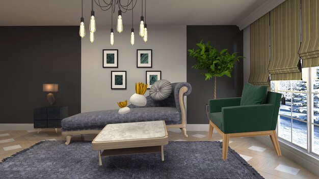 Ilustração do sofá de gravidade zero pairando na sala de estar