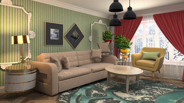 Ilustração do sofá de gravidade zero pairando na sala de estar