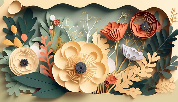 Ilustração do tema de flores tropicais em corte de papel Generative AI