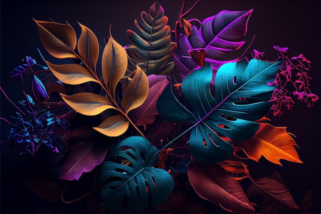 Ilustração do tema tropical neon com palmeira e floral exótico ai