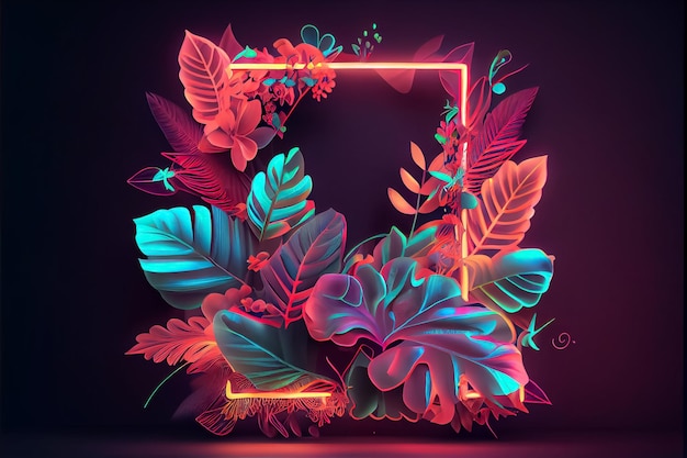 Ilustração do tema tropical neon com palmeira e floral exótico ai