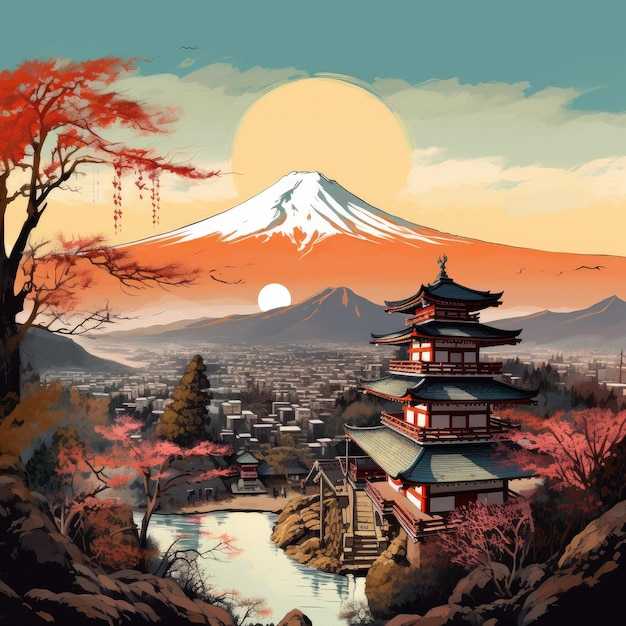 Ilustração do templo japonês ou pagoda Chureito e as montanhas Fuji no fundo Generative ai