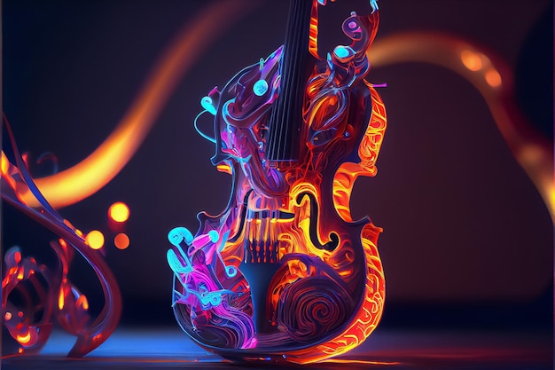 Ilustração do violino majestoso com instrumento de cordas de música de arco em cores neon