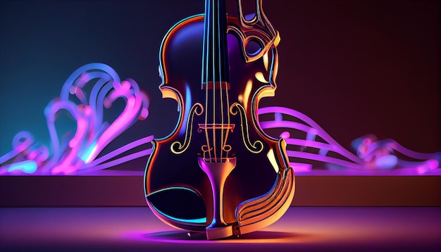 Ilustração do violino majestoso com instrumento de cordas de música de arco em cores neon