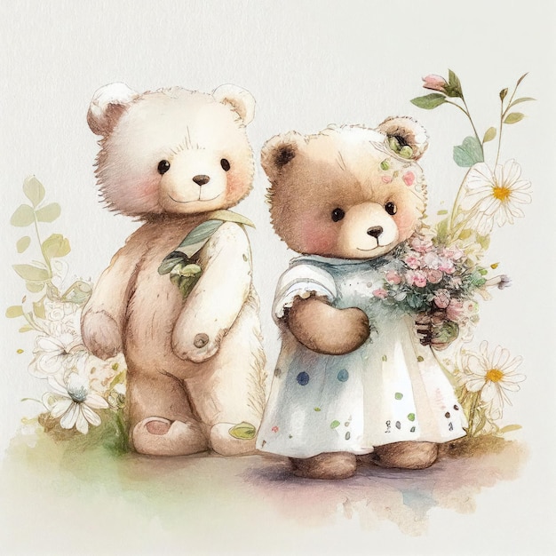 Ilustração Dois ursinhos de pelúcia sentados juntos em um jardim de flores Criado com tecnologia de IA gerativa