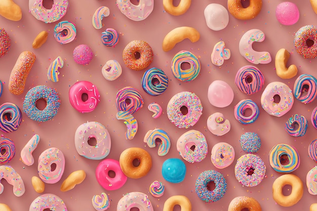 Ilustração, Donuts em fileiras de cores e sabores saborosos. fundo criativo de doces e balas, sobremesas coloridas e deliciosas