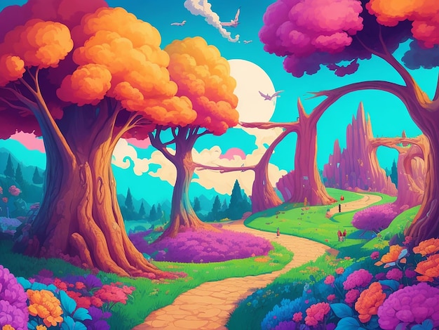 Ilustração dos desenhos animados da floresta do céu