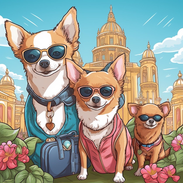 ilustração dos desenhos animados de dois cães usando óculos escuros e uma mochila generativa ai