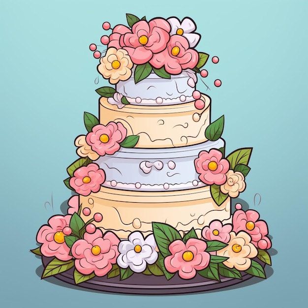 ilustração dos desenhos animados de um bolo de três camadas com flores no topo ai generativo