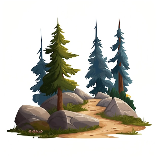 Ilustração dos desenhos animados de um caminho de terra através de uma floresta de pinheiros rochosos