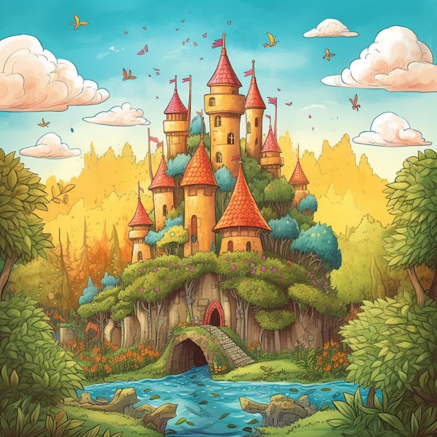 Ilustração dos desenhos animados de um castelo no meio de uma floresta generativa ai