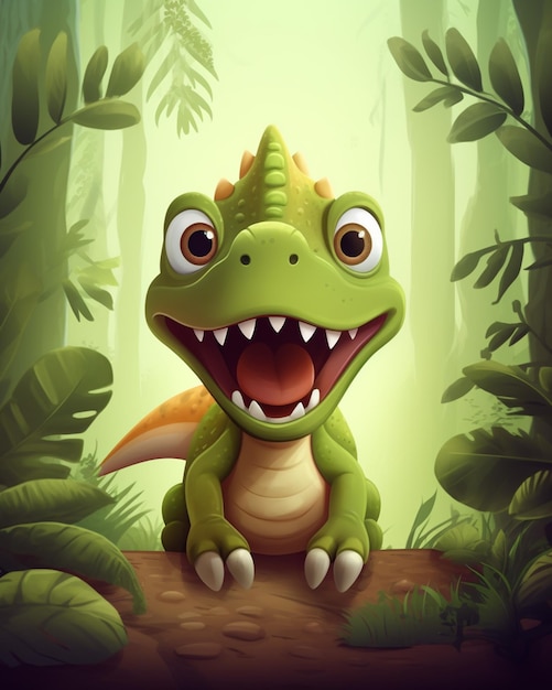 Ilustração dos desenhos animados de um dinossauro verde com um grande sorriso na selva generativa ai