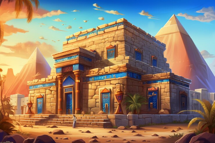Foto ilustração dos desenhos animados de um edifício de pedra no deserto com uma montanha ao fundo generativa ai