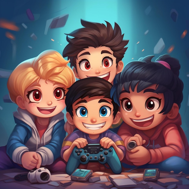 Ilustração dos desenhos animados de um grupo de jovens jogando videogame