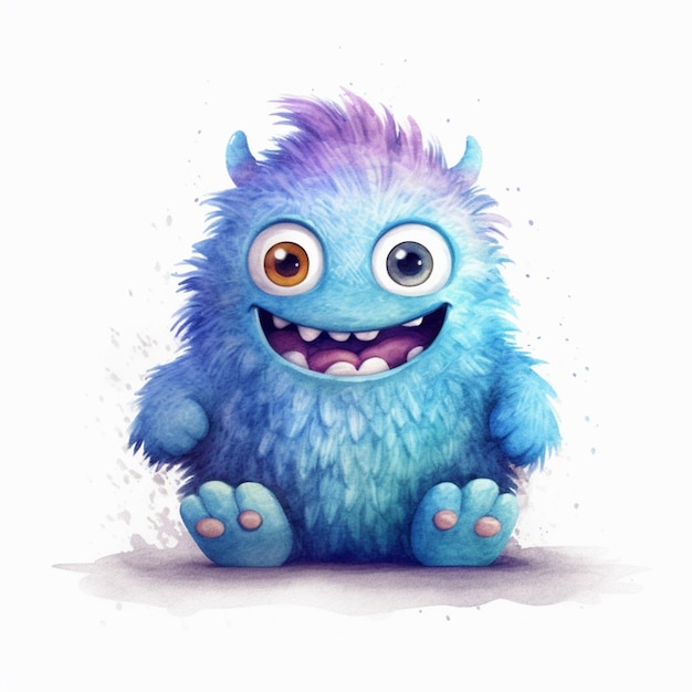 Ilustração dos desenhos animados de um monstro peludo azul com cabelo roxo generativo ai