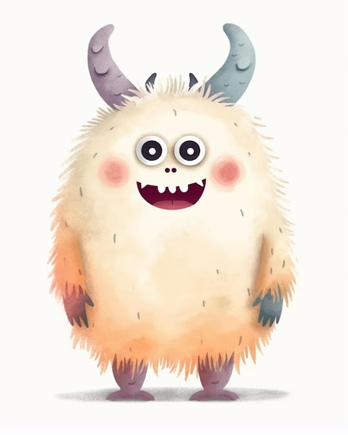 Ilustração dos desenhos animados de um monstro peludo com chifres e um grande sorriso generativo ai