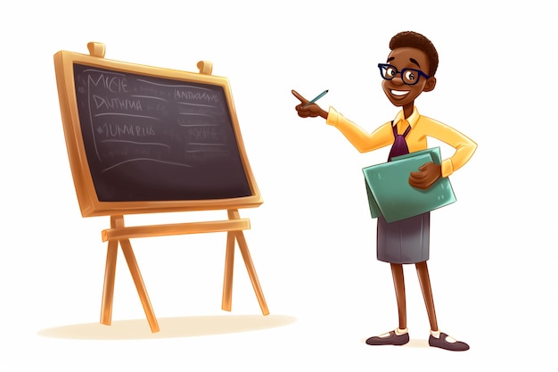 Foto ilustração dos desenhos animados de um professor africano feliz ao lado do quadro-negro em uma sala de aula