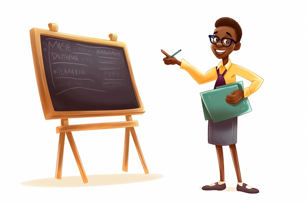 Ilustração dos desenhos animados de um professor africano feliz ao lado do quadro-negro em uma sala de aula