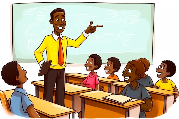 Ilustração dos desenhos animados de um professor africano feliz ao lado do quadro-negro em uma sala de aula