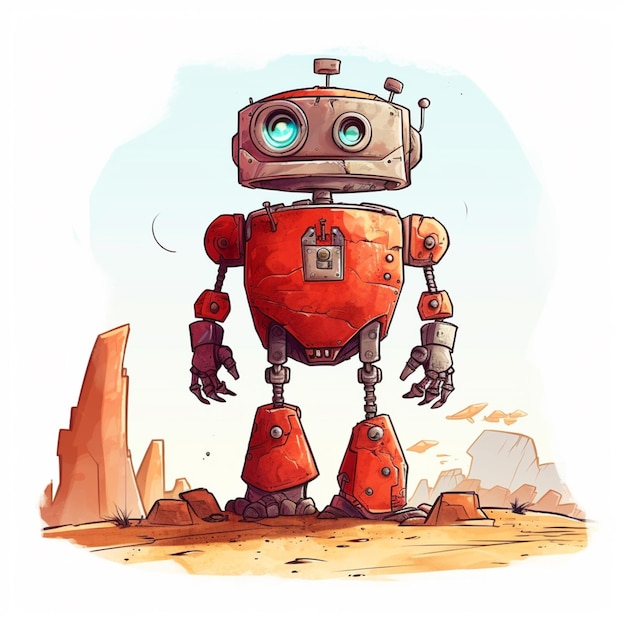 ilustração dos desenhos animados de um robô vermelho parado no deserto ai generativo