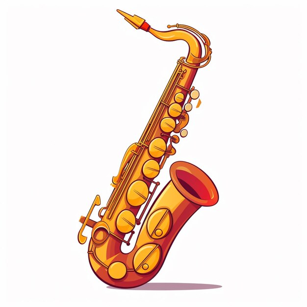 Ilustração dos desenhos animados de um saxofone com um sino dourado e teclas vermelhas generativa ai