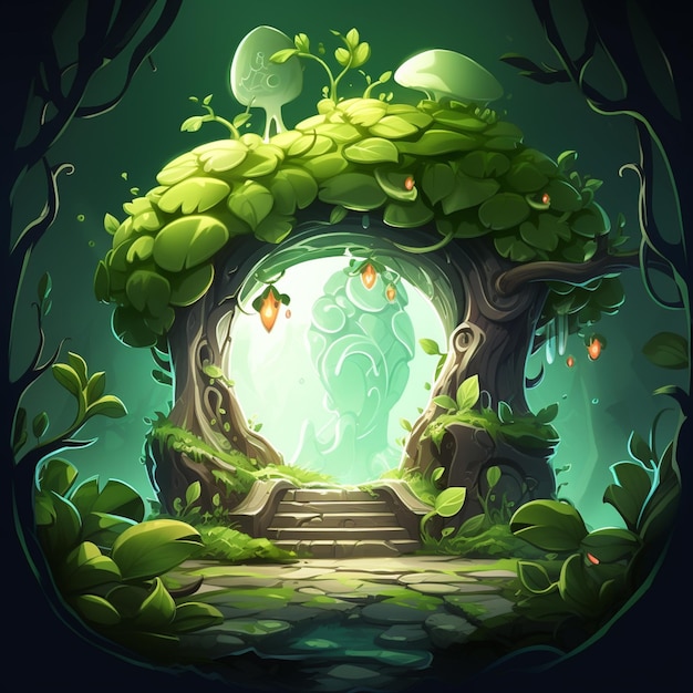 ilustração dos desenhos animados de uma entrada de floresta de fantasia com um caminho que leva a um portal generativo ai