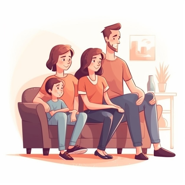 Ilustração dos desenhos animados de uma família sentada em um sofá