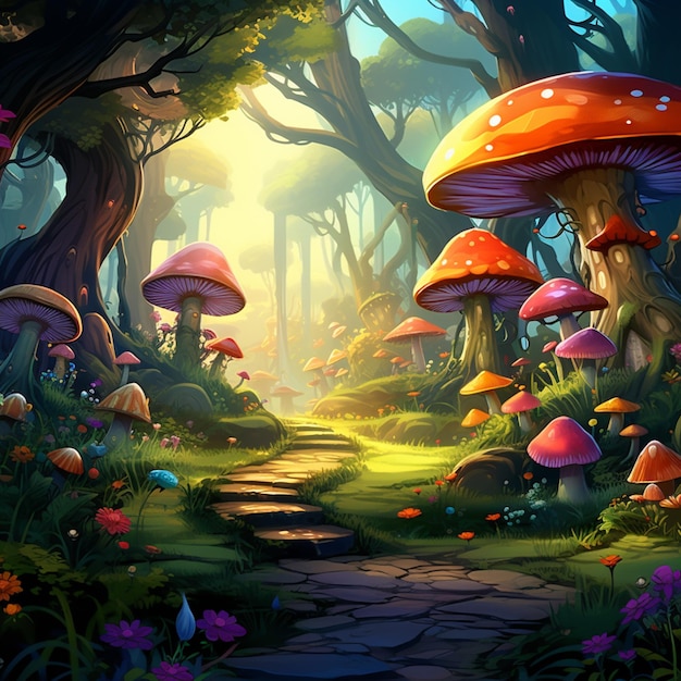 ilustração dos desenhos animados de uma floresta com cogumelos e um caminho generativo ai