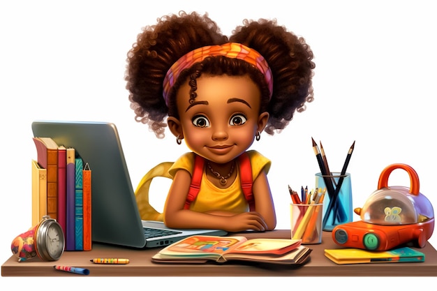 Foto ilustração dos desenhos animados de uma garotinha africana em uniforme escolar sentado em uma mesa de escola