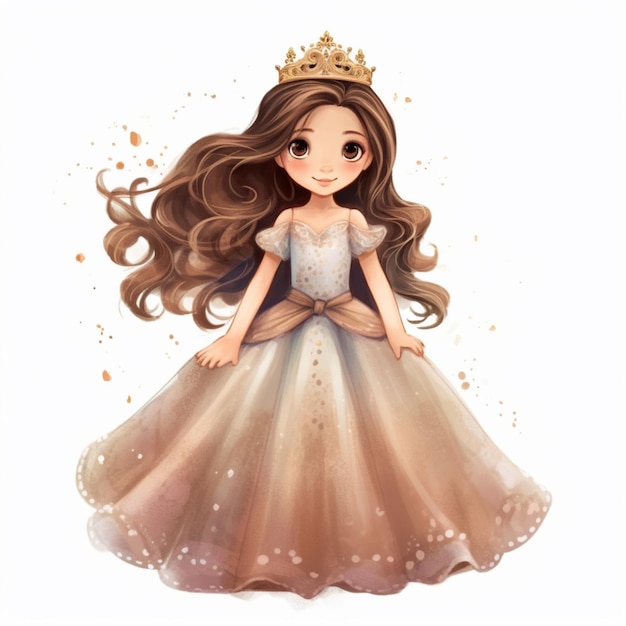 Ilustração dos desenhos animados de uma linda princesa com longos cabelos castanhos usando um ai generativo tiable