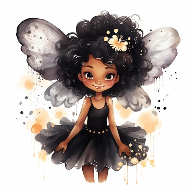 ilustração dos desenhos animados de uma menina vestida com um vestido preto e asas de borboleta ai generativa