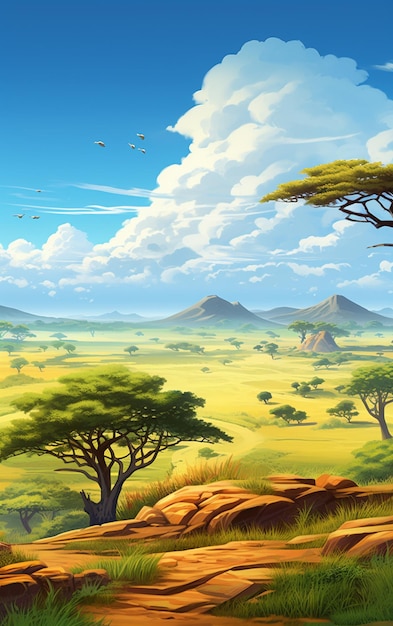 Foto ilustração dos desenhos animados de uma paisagem de uma savana com um elefante solitário generativo ai