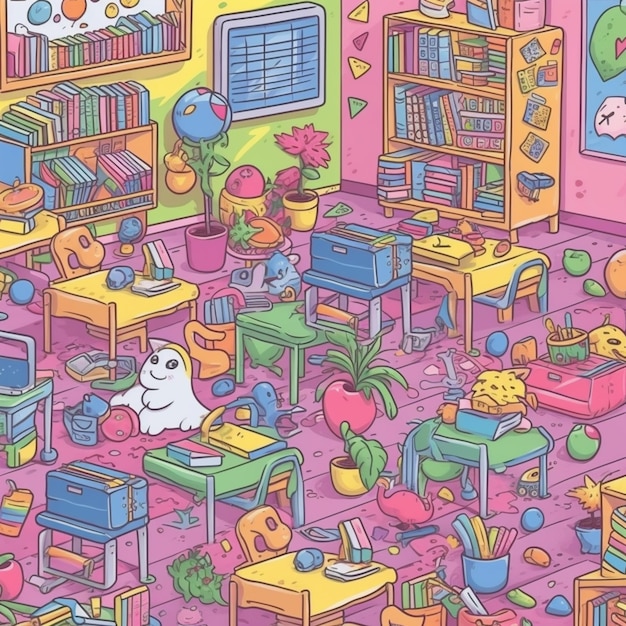 Ilustração dos desenhos animados de uma sala com muitos brinquedos e um gato generativo ai