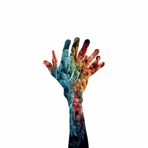 Foto ilustração dos direitos humanos com mãos humanas com branco isolado