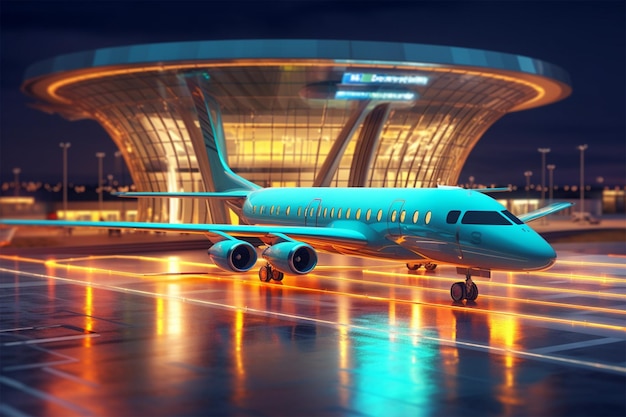 ilustração e renderização 3d de transporte aéreo noturno do aeroporto