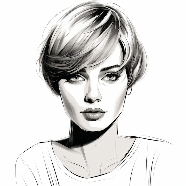 Ilustração elegante de retrato preto e branco de Jennifer com cabelo curto