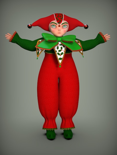 Ilustração em 3D do pequeno duende-palhaço em um terno vermelho e verde