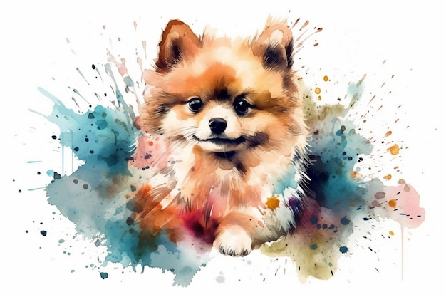 Ilustração em aquarela adorável de cachorrinho da Pomerânia com manchas de cor todas as raças de cães