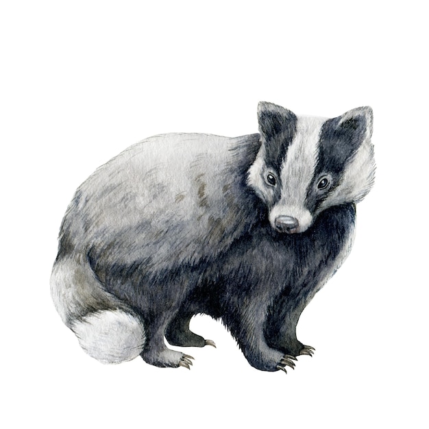 Ilustração em aquarela animal texugo Floresta de vida selvagem desenhada à mão Vista lateral do texugo europeu