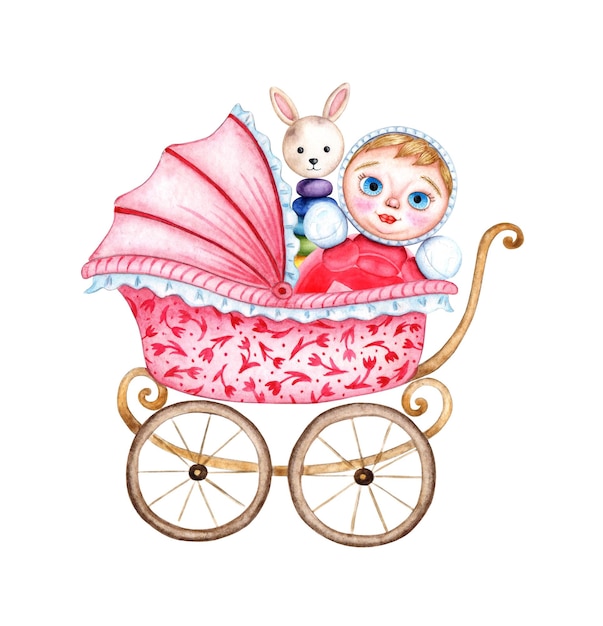 Foto ilustração em aquarela carrinho de bebê rosa com brinquedos rolypoly e desenho de coelho coelho de carrinho