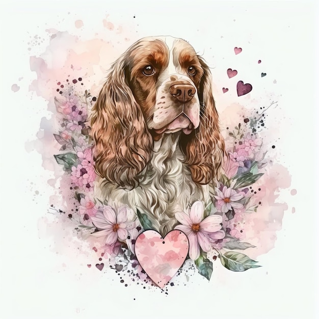 ilustração em aquarela cocker spaniel com corações e flores