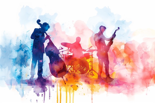 Ilustração em aquarela com banda de música de jazz ao vivo dia internacional do jazz