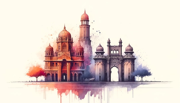 Ilustração em aquarela com edifícios arquitetônicos icônicos em Gujarat com lugar para texto