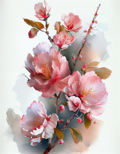 Ilustração em aquarela com flores de primavera, plantas e folhas