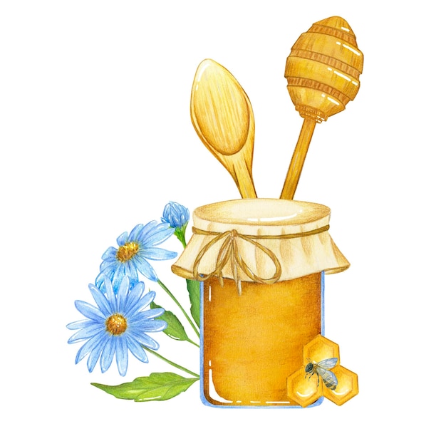 Ilustração em aquarela com um pote de flores silvestres de mel e colheres de madeira em um fundo branco