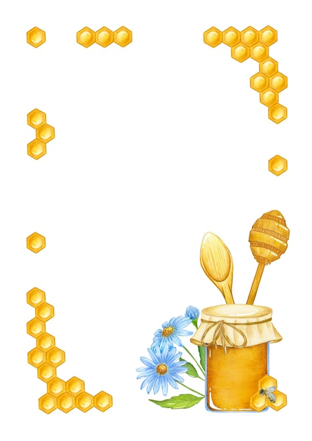Ilustração em aquarela com um pote de flores silvestres de mel e favos de mel na forma de uma moldura em um fundo branco